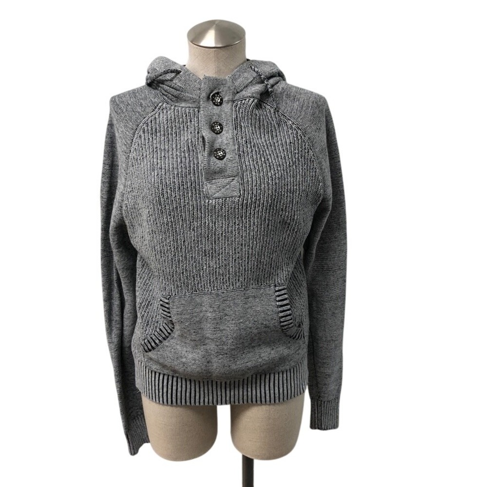 BKE Knit Hoodie Mens Small Gray Henley Button Front Cotton Sweater Pullover
